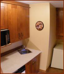Butler's Pantry showing some of the cabinets, counters, and built-in dishwasher, microwave, chest freezer and wet-bar